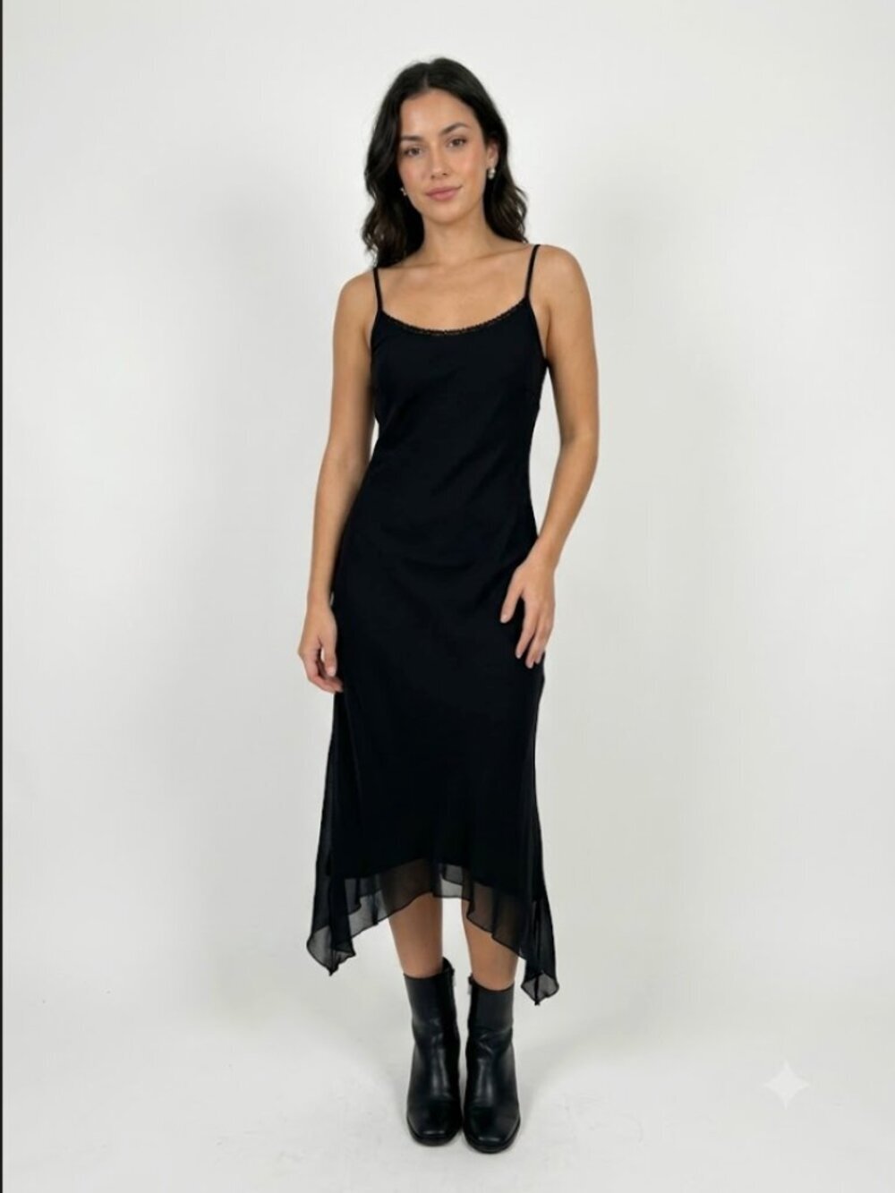 Vintage 90s Younique Black Slip Dress M Lace Trim Asymmetrical Whimsigoth Prom